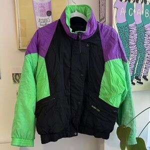 Color-block Puffer Jacket - Black, Green, Purple